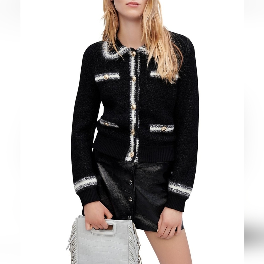Maje Moopy Stripe-Trim Cardigan Black